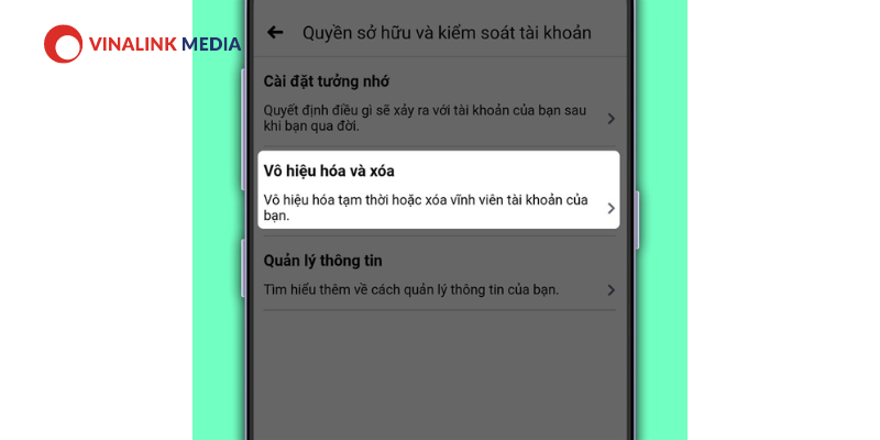 bạn chọn mục “Vô hiệu hoá tài khoản” và bấm “Tiếp tục”.